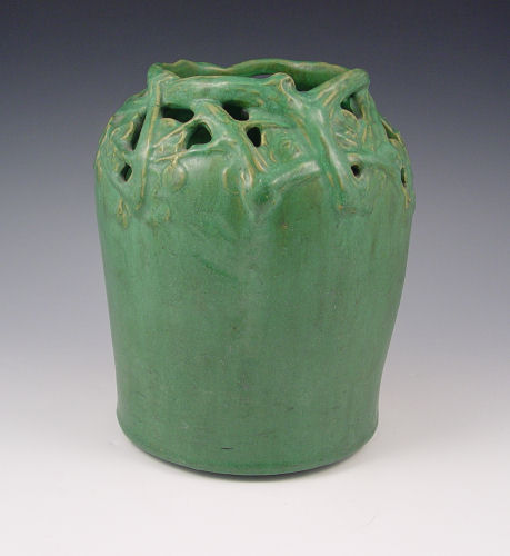 Appraisal: ARTS CRAFTS MATTE GREEN POTTERY VASE Reticulated rim in a