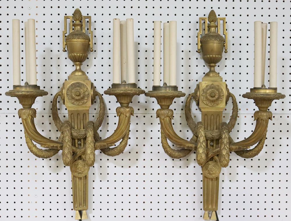 Appraisal: Large Impressive Pair Of Bronze Urn Form Sconces Heavy bronze