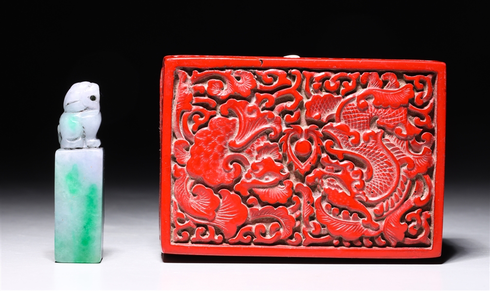 Appraisal: Chinese carved jadeite seal the final of a carved lion