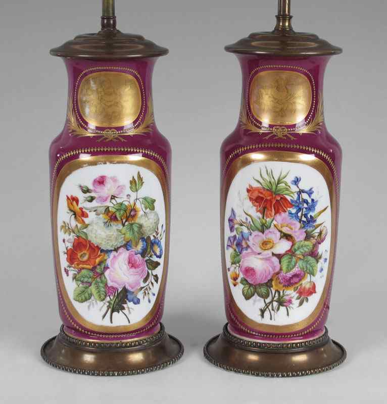 Appraisal: PAIR OLD PARIS PORCELAIN LAMPS Hand painted floral design each