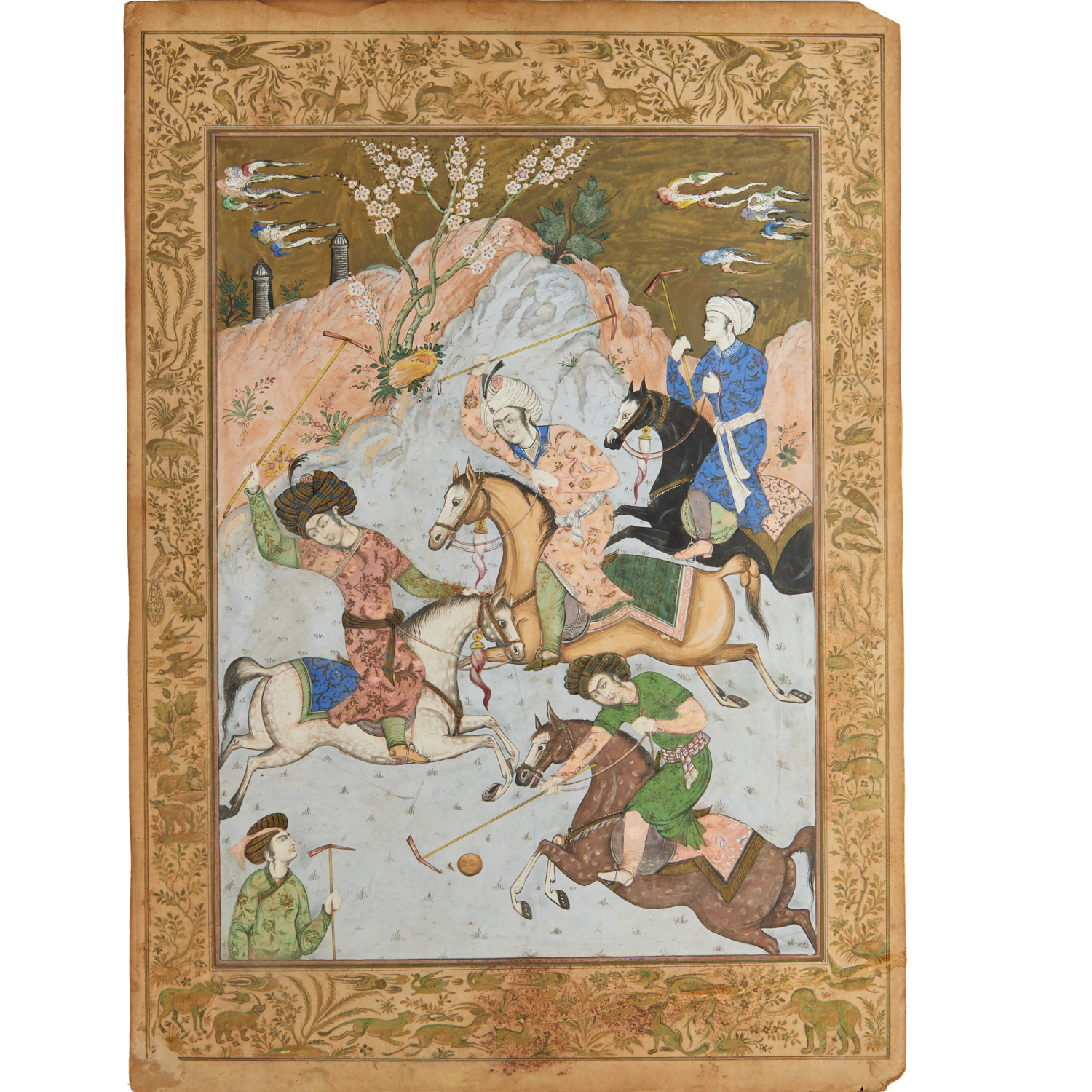 Appraisal: SAFAVID SCHOOL LARGE GOUACHE AND GILT PAINTING Likely th c