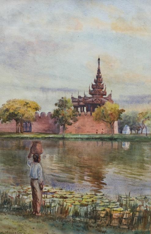 Appraisal: WATERCOLOUR OF A BURMESE SCENE A WATER-CARRIER LOOKING OVER TO