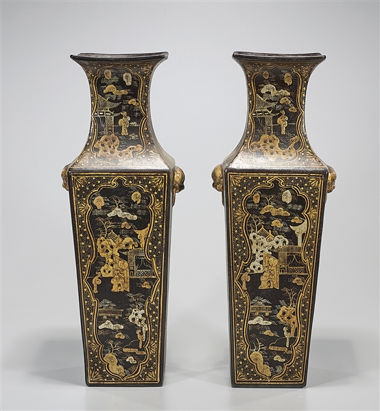 Appraisal: Pair of Chinese black ground ceramic four-faceted vases with figure