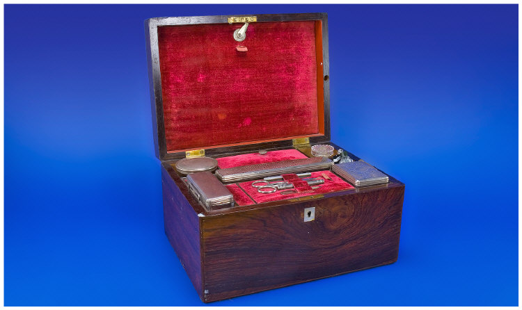 Appraisal: Ladies Rosewood Traveling Box Fully Fitted Interior Comprising Manicure Set