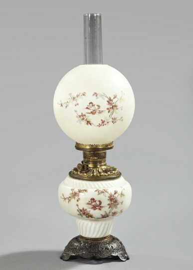 Appraisal: American Cast-Iron- and Brass-Mounted White Opal Glass Kerosene Parlor Lamp