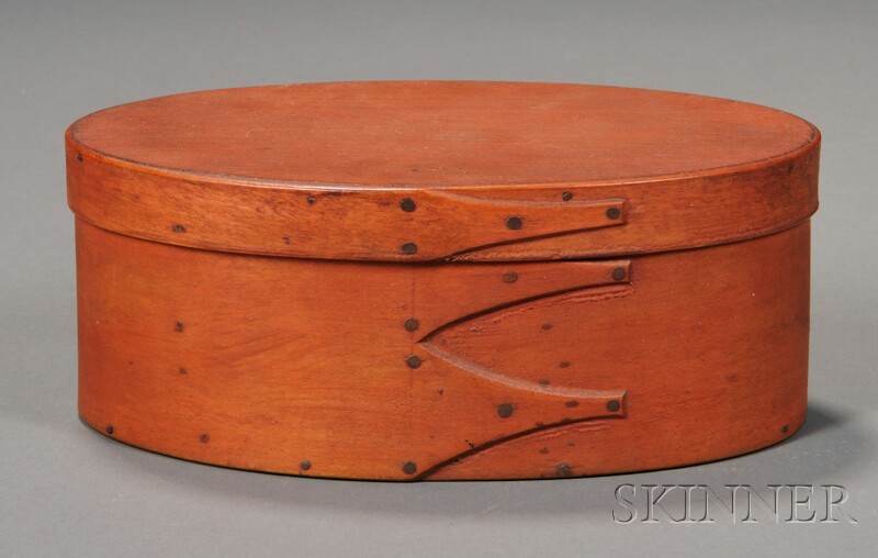 Appraisal: Shaker Red-painted Oval Covered Box probably New England mid to