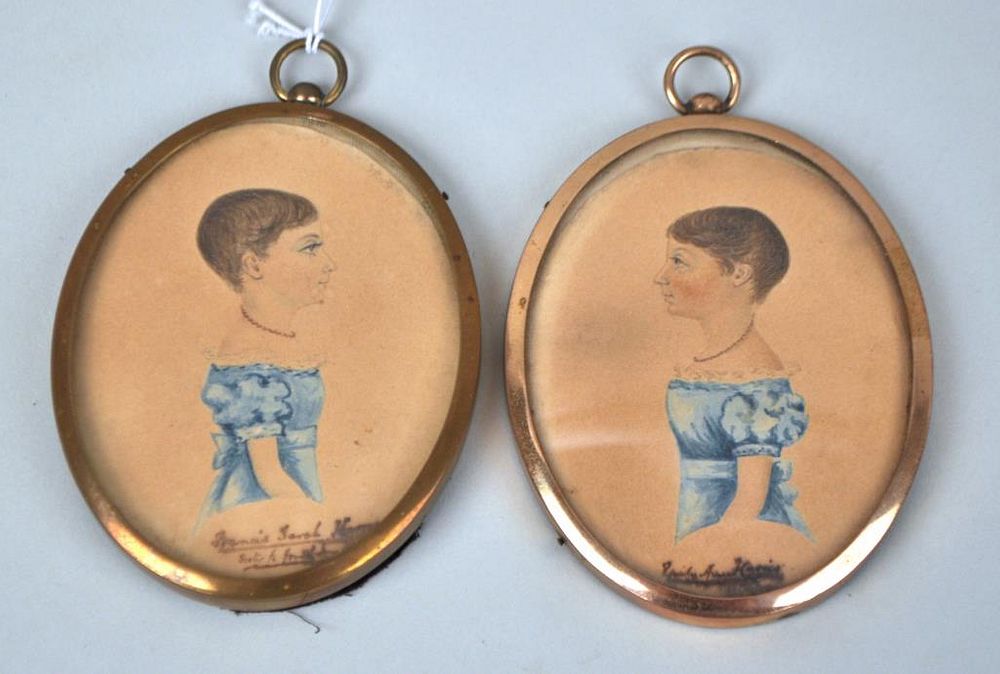 Appraisal: Pair Miniature Folk Art W C Portraits of Girls comprising