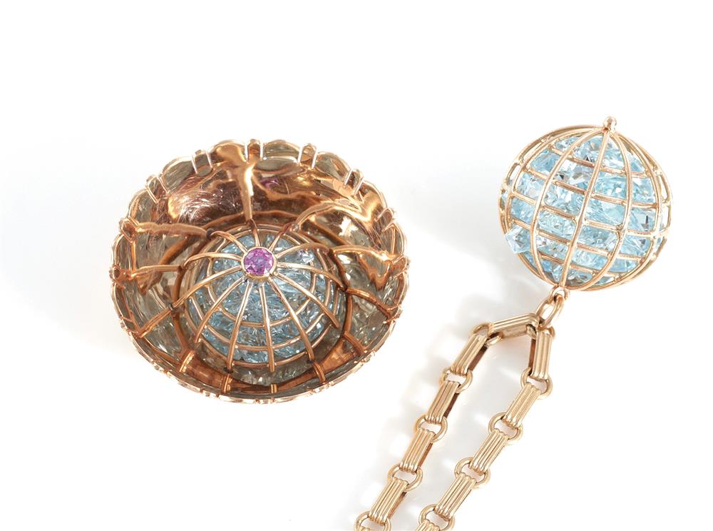 Appraisal: Retro gold and gemstone brooch and bracelet circa stylized floral