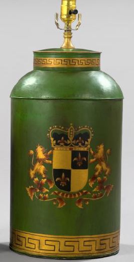 Appraisal: Tall George VI Parcel-Gilt Green Tole-Peinte Tea Canister of cylindrical