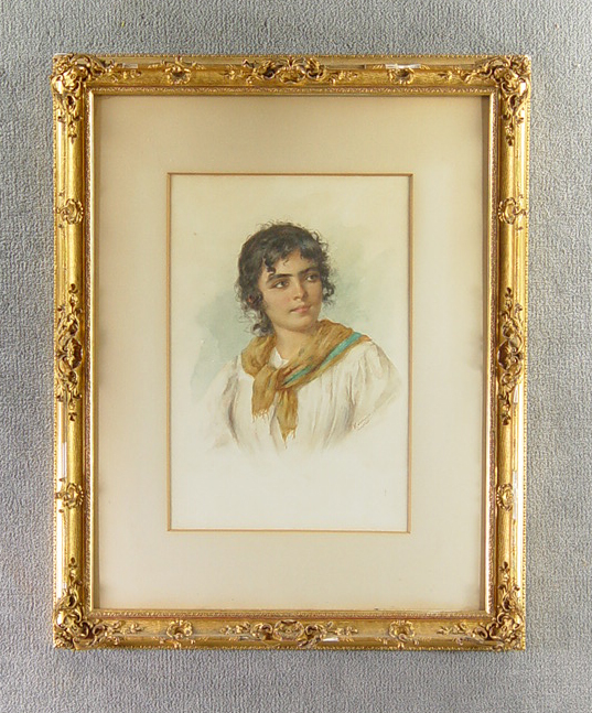 Appraisal: Watercolor on Paper Young woman with dark curly hair in