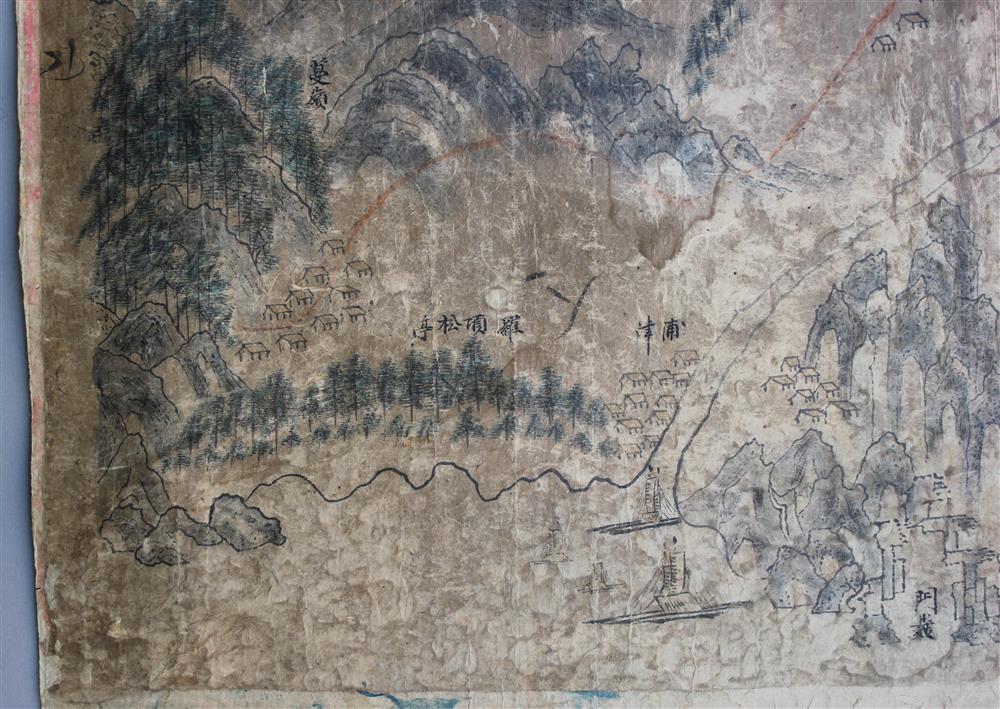 Appraisal: KOREAN THREE WORN MAPS OF VILLAGES Ink and color on