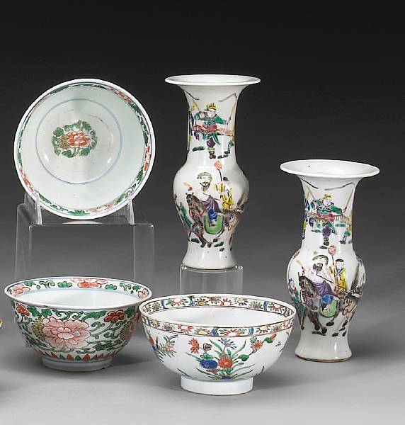 Appraisal: Five overglaze enameled porcelains Including three Kangxi Period famille verte