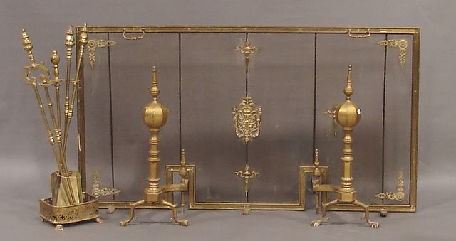 Appraisal: Including pair of faceted ball-and-steeple top andirons brass stand with