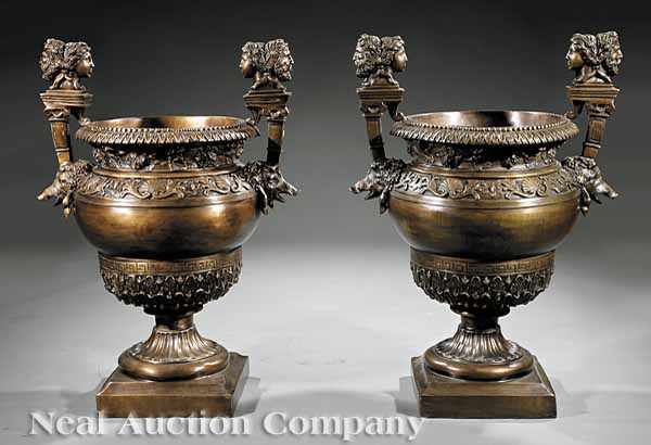 Appraisal: A Pair of Renaissance-Style Patinated Bronze Urns bodies encircled with