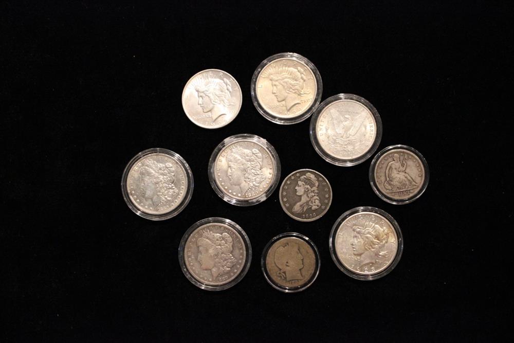 Appraisal: USA COINS TO INCLUDE FOUR MORGAN SILVER DOLLARS THREE PEACE