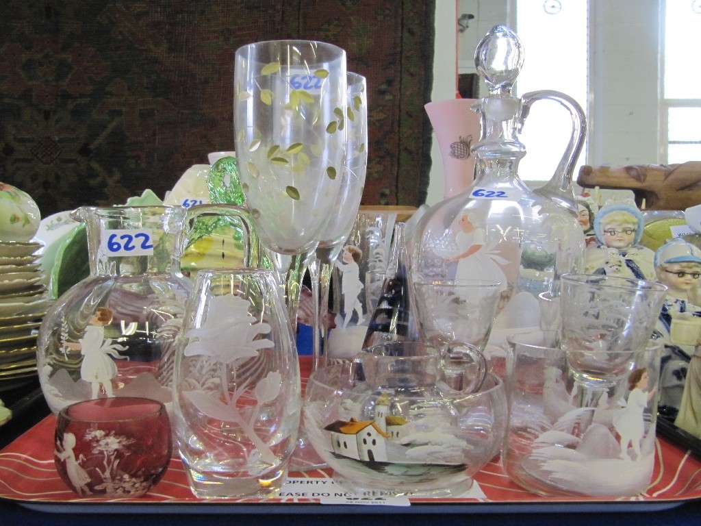 Appraisal: Tray of assorted glassware - Mary Gregory style decanter jug