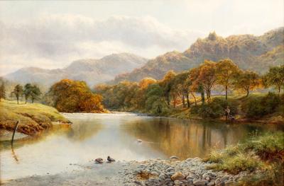 Appraisal: Clive S Newcome British th Century River Landscape with Fisherman