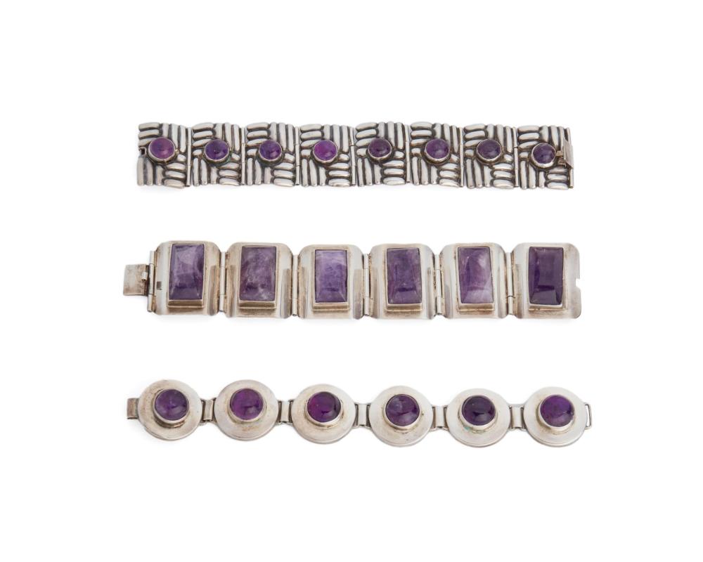 Appraisal: Three Mexican silver and amethyst bracelets Mid- th Century Mexico