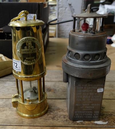 Appraisal: Eccles brass miners lamp together with miners Ringrose Firedamp Alarm