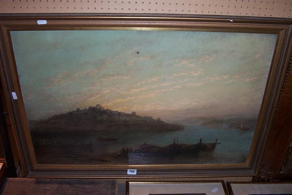 Appraisal: A th century oil painting on canvas of a harbour