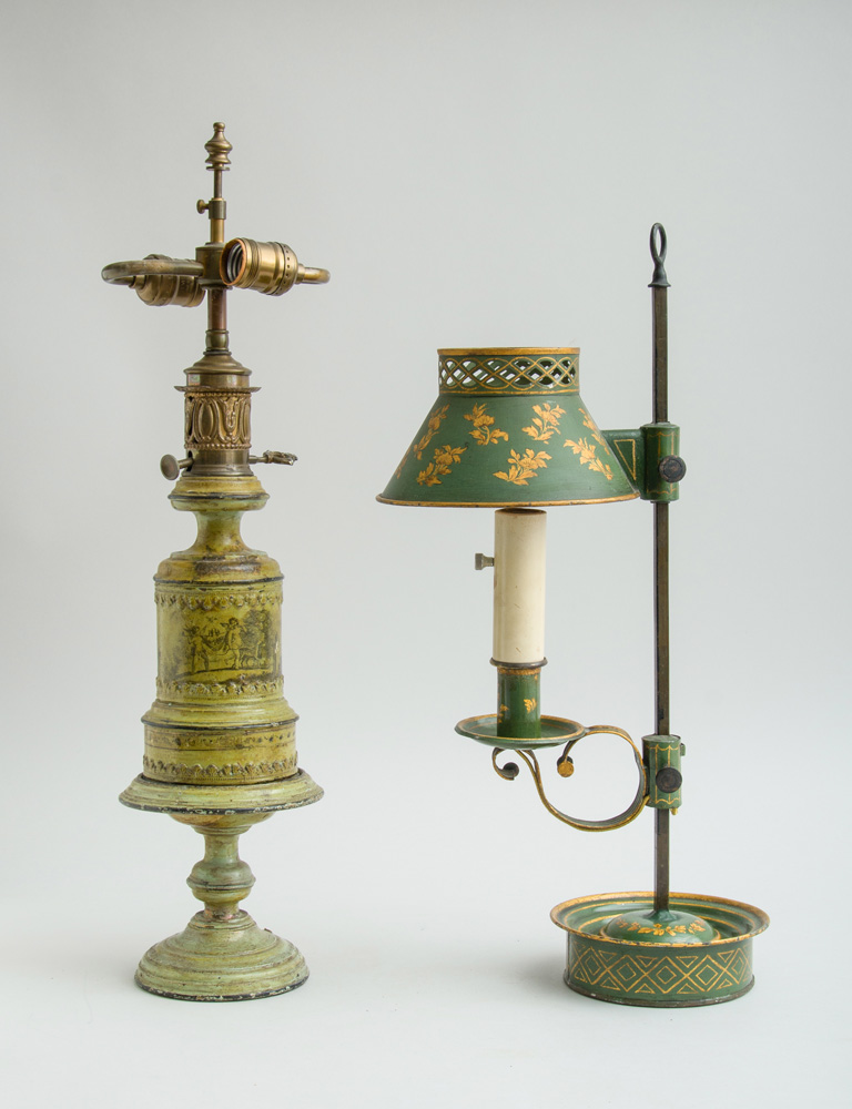 Appraisal: TWO GREEN T LE PEINTE TABLE LAMPS One a cylindrical