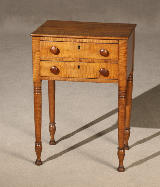 Appraisal: Federal Curly Maple Two-Drawer Work Table Pennsylvania Circa Crack and