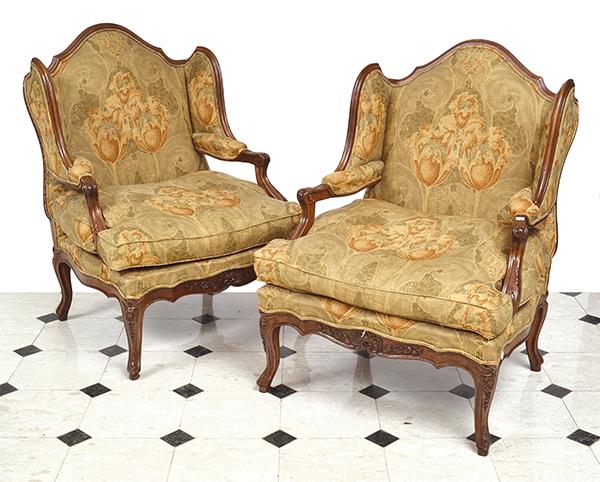 Appraisal: A PAIR OF LOUIS XV STYLE SEMI-WINGBACK BERGERES each with