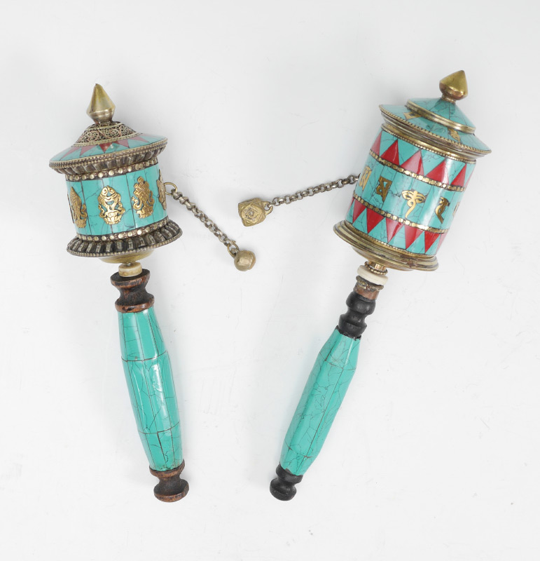 Appraisal: PAIR OF TURQUOISE TIBETAN PRAYER WHEELS Turquoise clad brass prayer