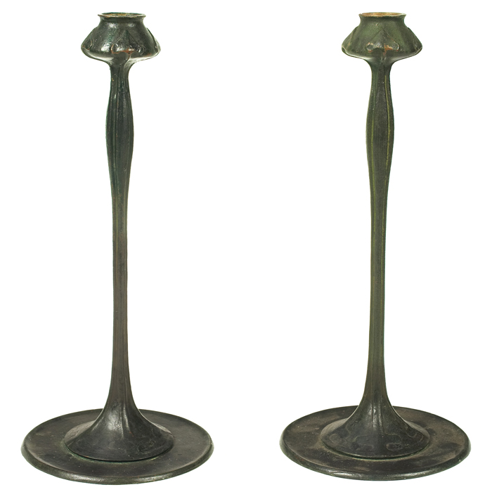 Appraisal: Early Jarvie Art Nouveau candlesticks pair original dark patina unsigned