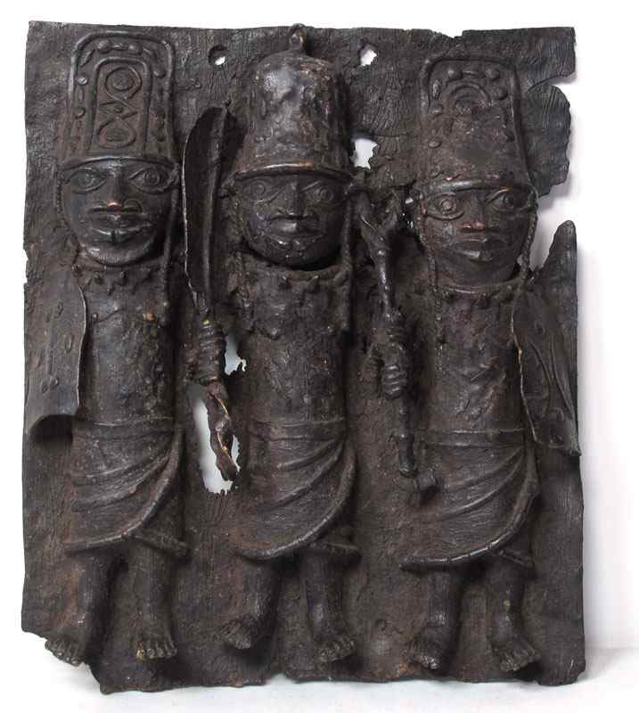 Appraisal: BENIN AFRICAN BRONZE PLAQUE Warriors Approx '' h x ''