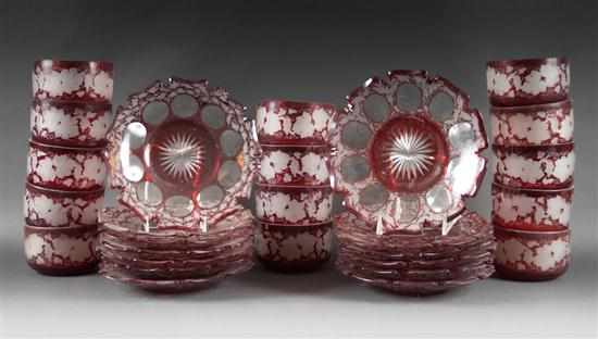 Appraisal: Bohemian ruby etched-to-clear partial -piece dessert service late th century