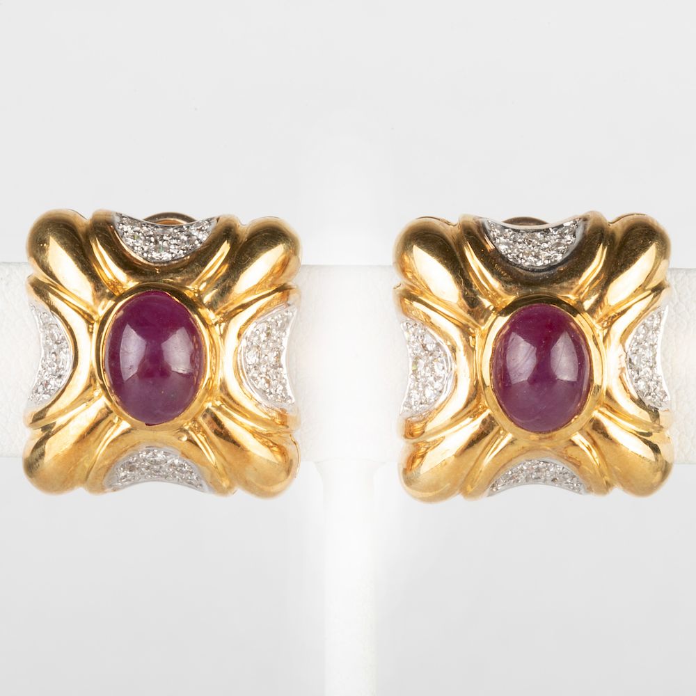 Appraisal: Gold Cabochon Ruby and Diamond Earrings Stamped ' k' x