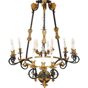 Appraisal: A French Empire Style Ebonized and Gilt Metal Fourteen-Light Chandelier