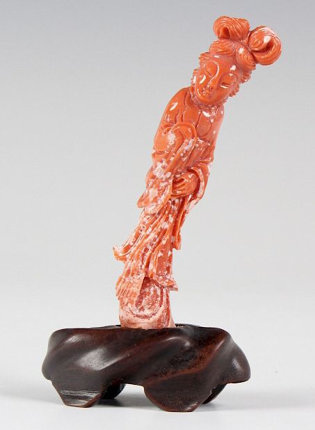 Appraisal: Chinese Salmon Red Coral Branch Carving Statue Vintage Chinese export