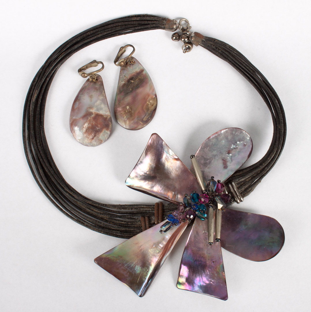 Appraisal: Lady's bead abalone leather necklace and matching earrings attributed to