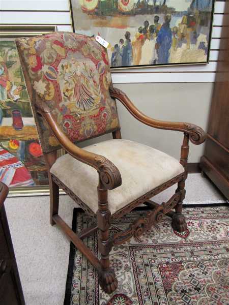 Appraisal: CHARLES II STYLE ARMCHAIR the rectangular padded back featuring a