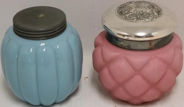 Appraisal: TWO TH C GLASS BISCUIT JARS ONE PINK QUILTEDSATIN GLASS