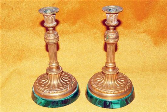 Appraisal: TH C BRONZE CANDLESTICKS On malachite bases H From a