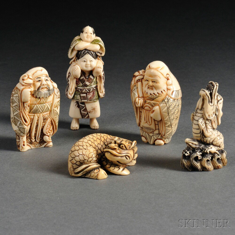 Appraisal: Five Polychrome Netsukes Japan th century three figures and two