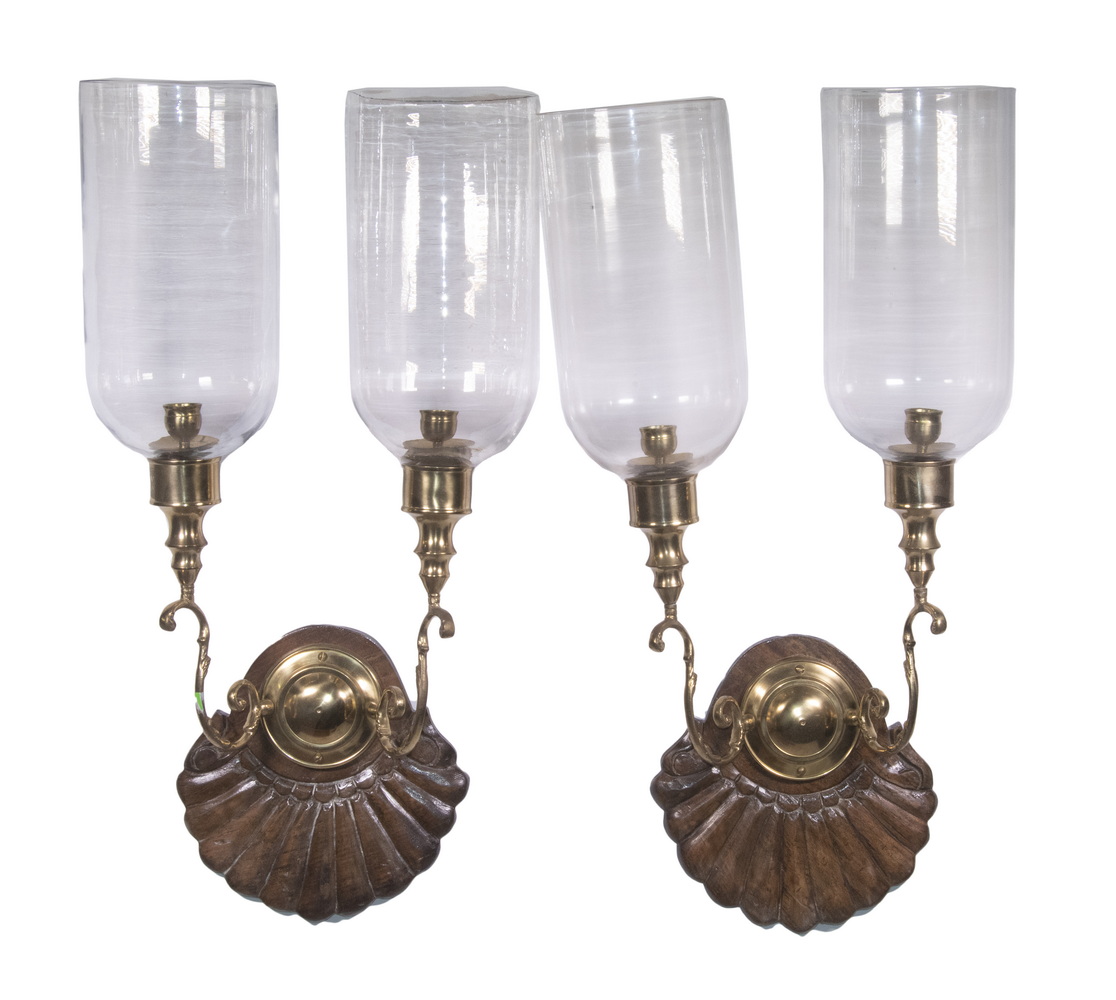 Appraisal: PR CANDLE SCONCES WITH GLASS SHADES Pair of Double-Arm Wall