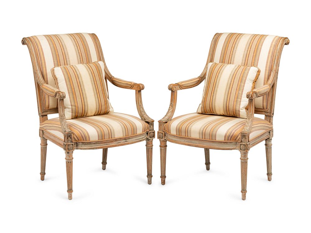 Appraisal: A Pair of Louis XVI Gray-Painted Fauteuils A Pair of