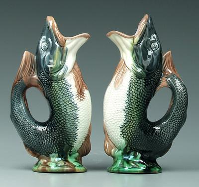 Appraisal: Pair majolica fish vases th century - in Base wear