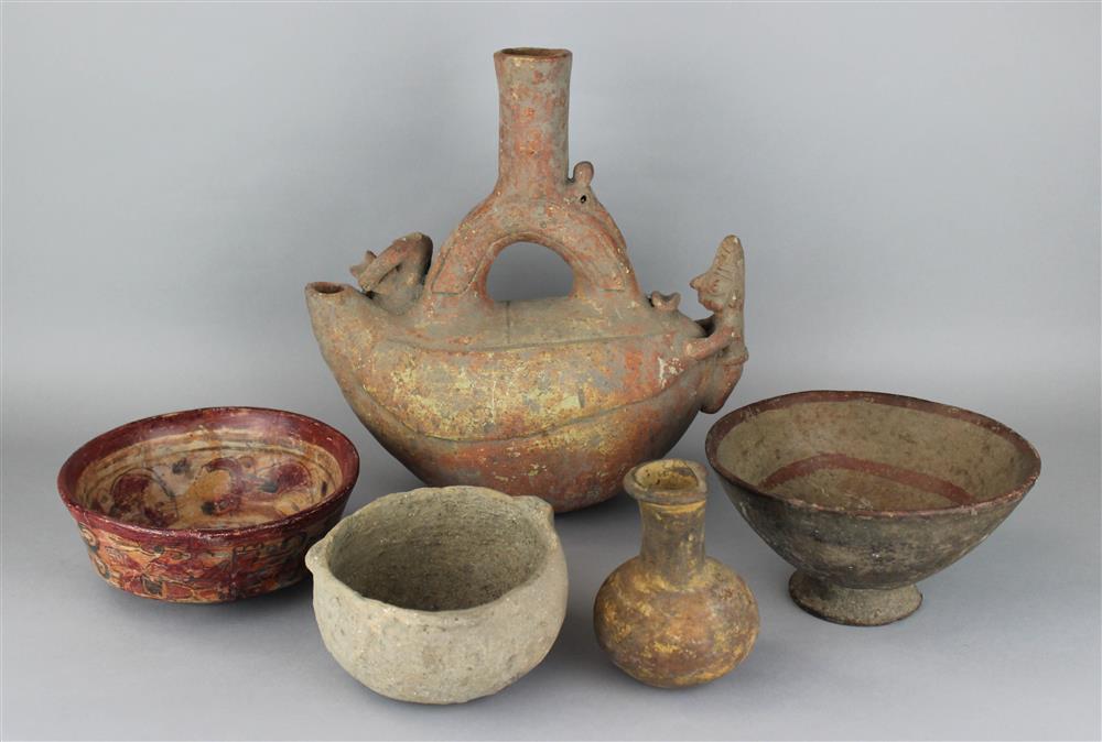 Appraisal: FIVE SOUTH AMERICAN POTTERY VESSELS Provenance a Virginia private collection