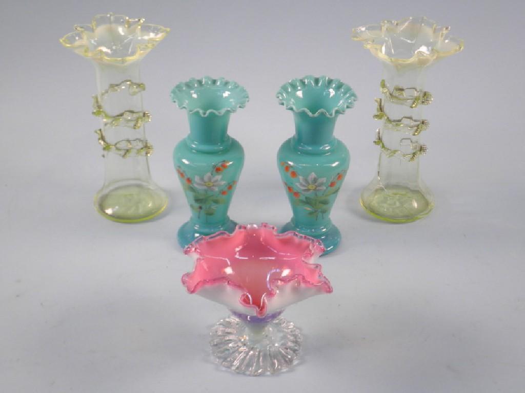 Appraisal: A pair of Victorian Vaseline glass vases a Victorian pink