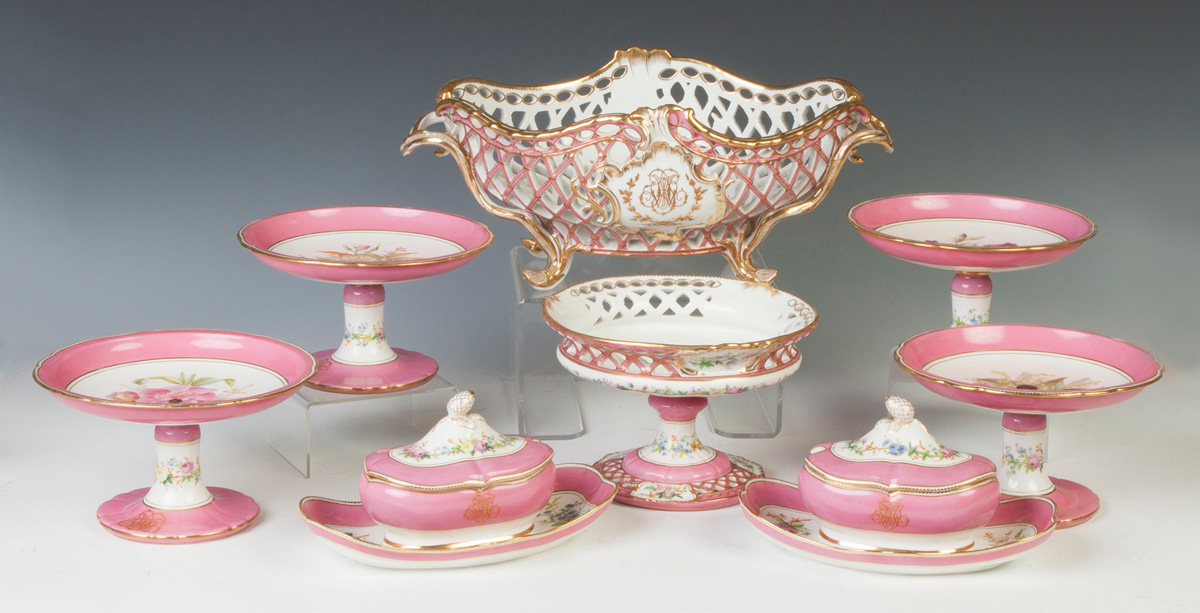 Appraisal: French Porcelain Dessert Set Mid th cent Basket compotes sauce