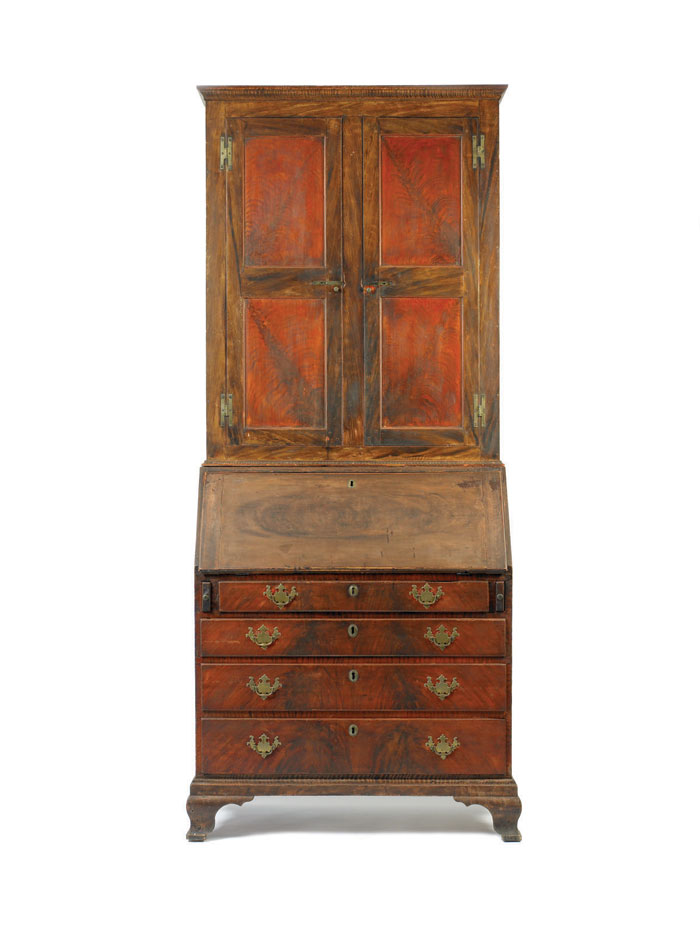 Appraisal: NEW ENGLAND GRAIN PAINTED AND DECORATED MAPLE FLAT-TOP SECRETARY BOOKCASE