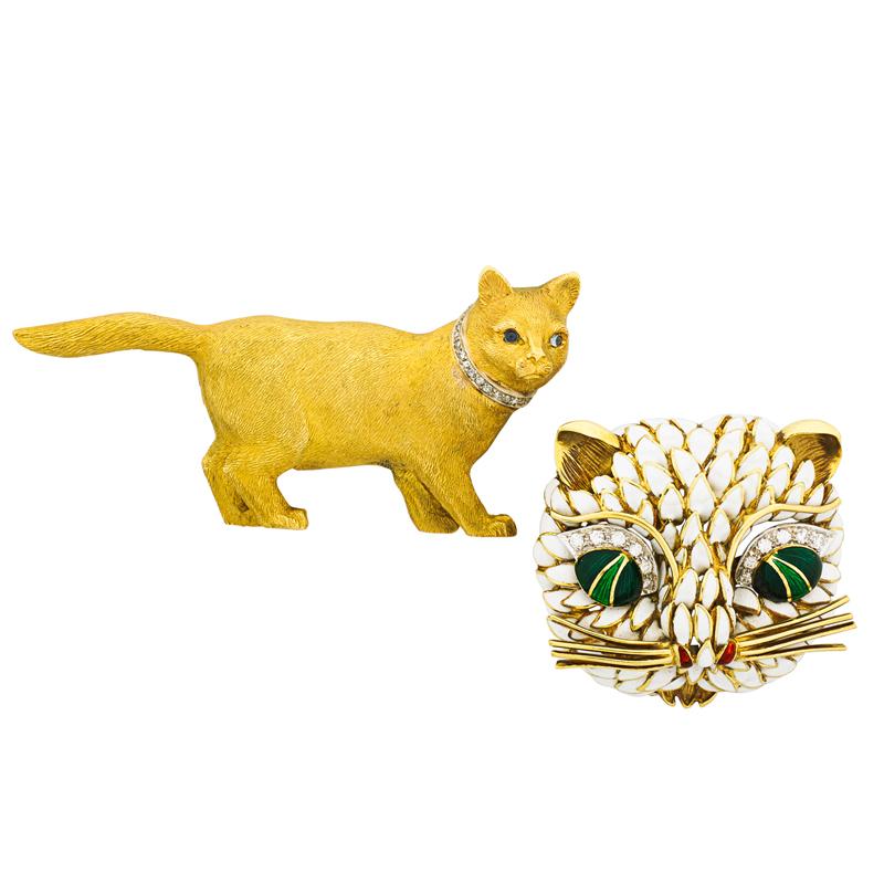 Appraisal: TWO YELLOW GOLD GEM-SET CAT BROOCHES Condition Report