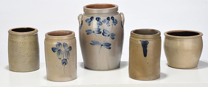 Appraisal: Five Salt Glaze Stoneware Crocks American late th century three