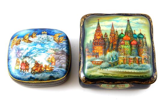 Appraisal: Two th C Russian hinged lacquered boxes largest lacquered depicting