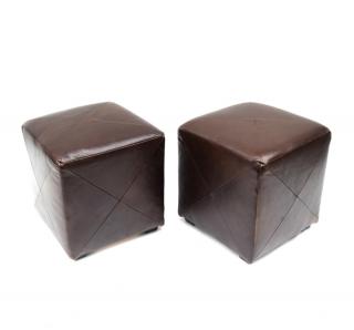 Appraisal: Pair of Dark Brown Leather Ottoman Pair of cube form